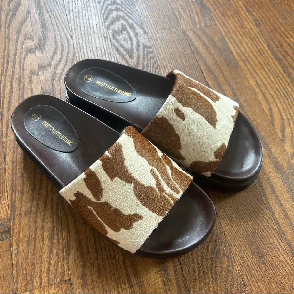 PrettyLittleThing Cow Print Slides